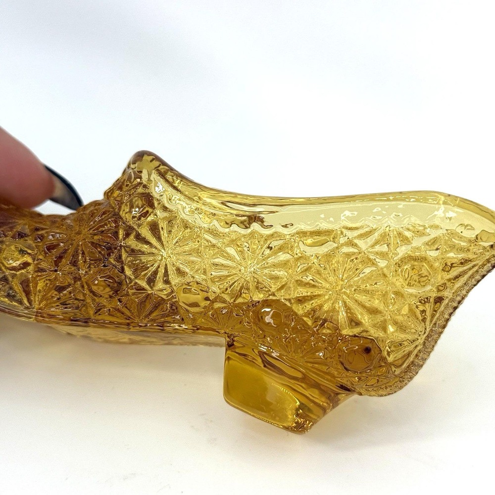Vintage Amber Daisy & Button Glass Shoe Slipper Heeled Boot‎ Collectible 4.5" - Picture 2 of 10